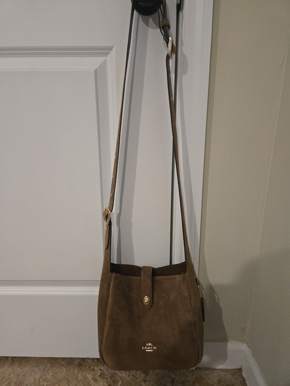 Coach Brown Suede Crossbody Bag with Gold Logo